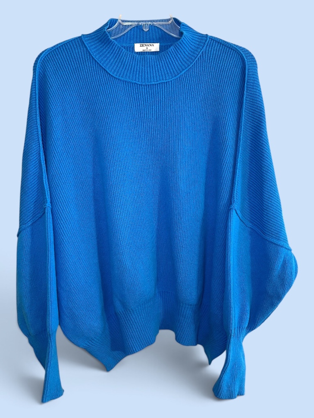 Zenana Classic Blue Drop Shoulders Oversized Mock Neck Sweater Size Small
